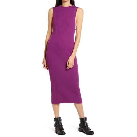 Ninety Percent Mock Neck Ribbed Midi Dress, Size Large - Purple 1182 - Picture 1 of 4